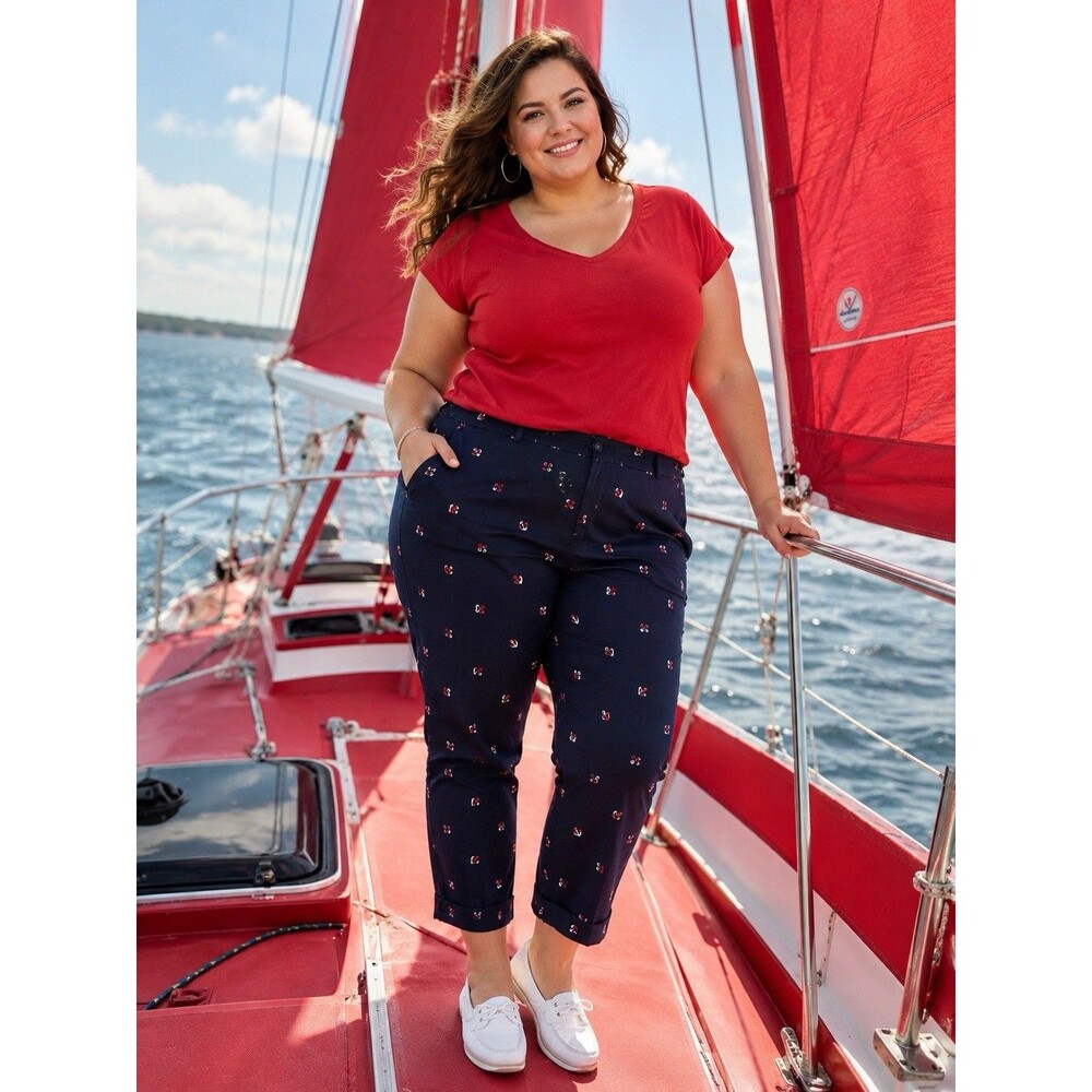 Talbots Weekend Chino 22W Navy Anchor Embroidered Cuffed Pants Womens Plus